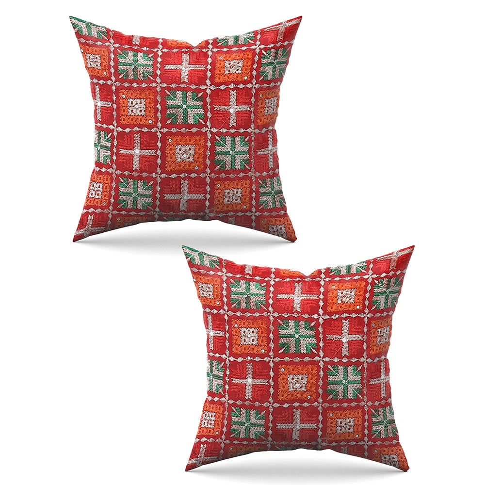 Awesome Square Blocks Phulkari Embroidery Cushion (Set of 2)
