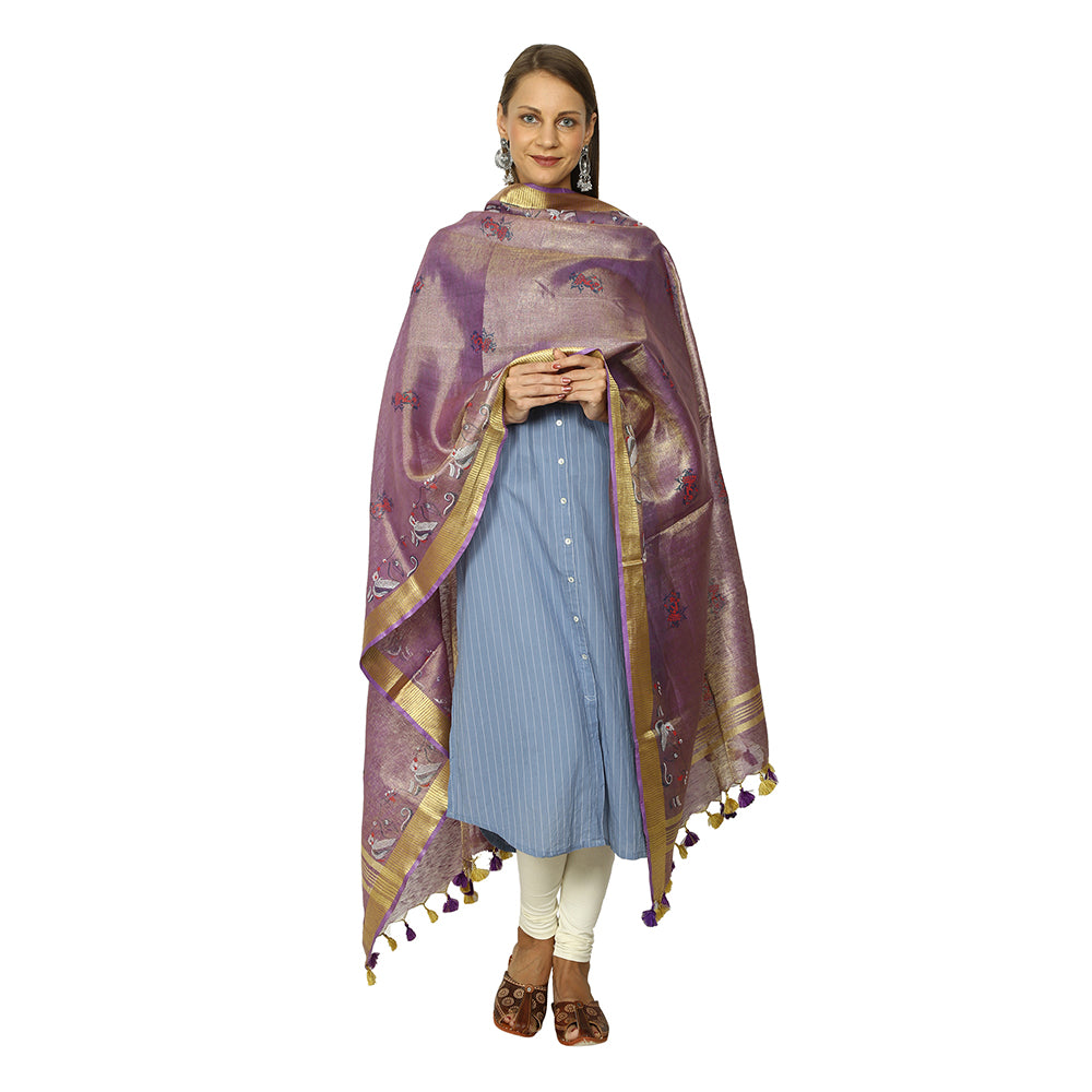 Purple Color Style Tussar Linnen Dupatta With Block Printing