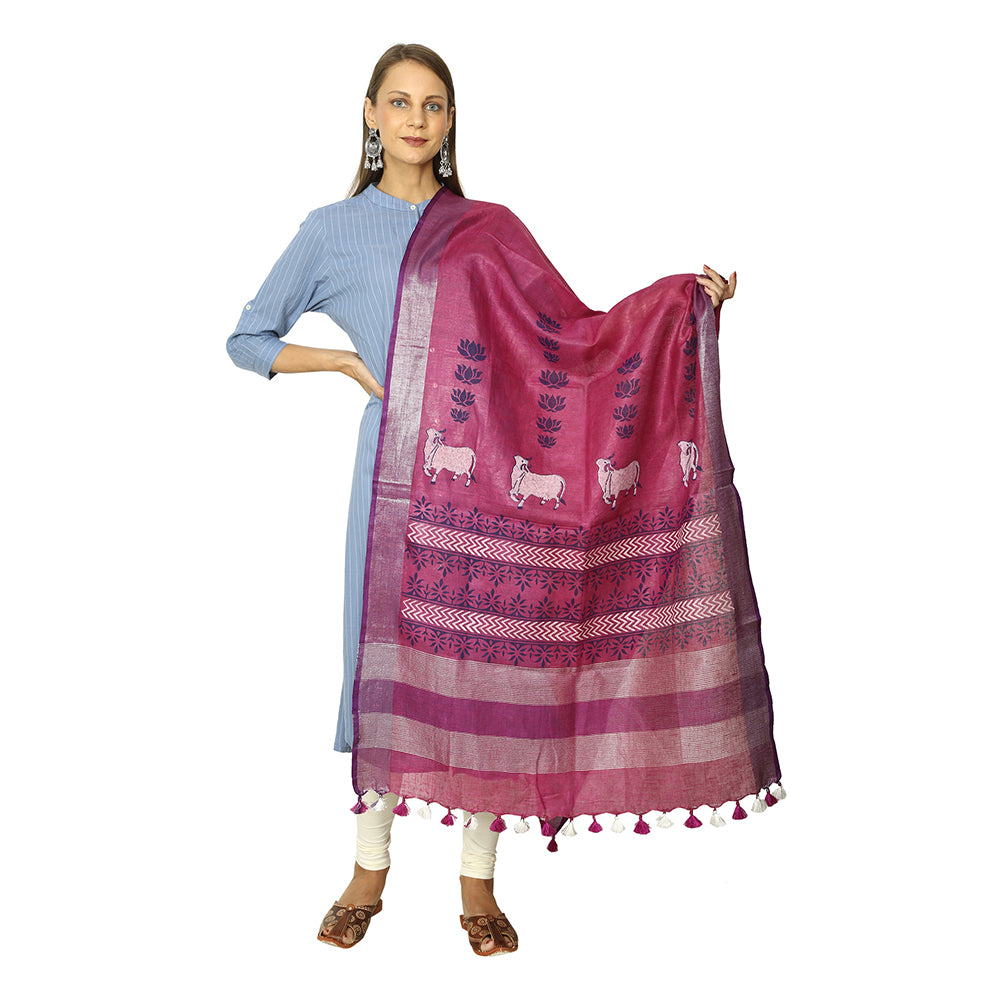 Mangenta Sheer Elegance Linen Dupatta With Block Prints