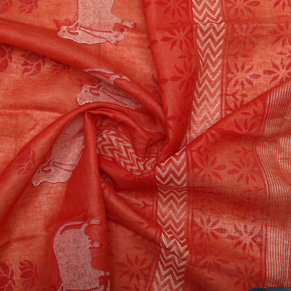 Sheer Elegance Linen Light Orange Dupatta With Block Prints
