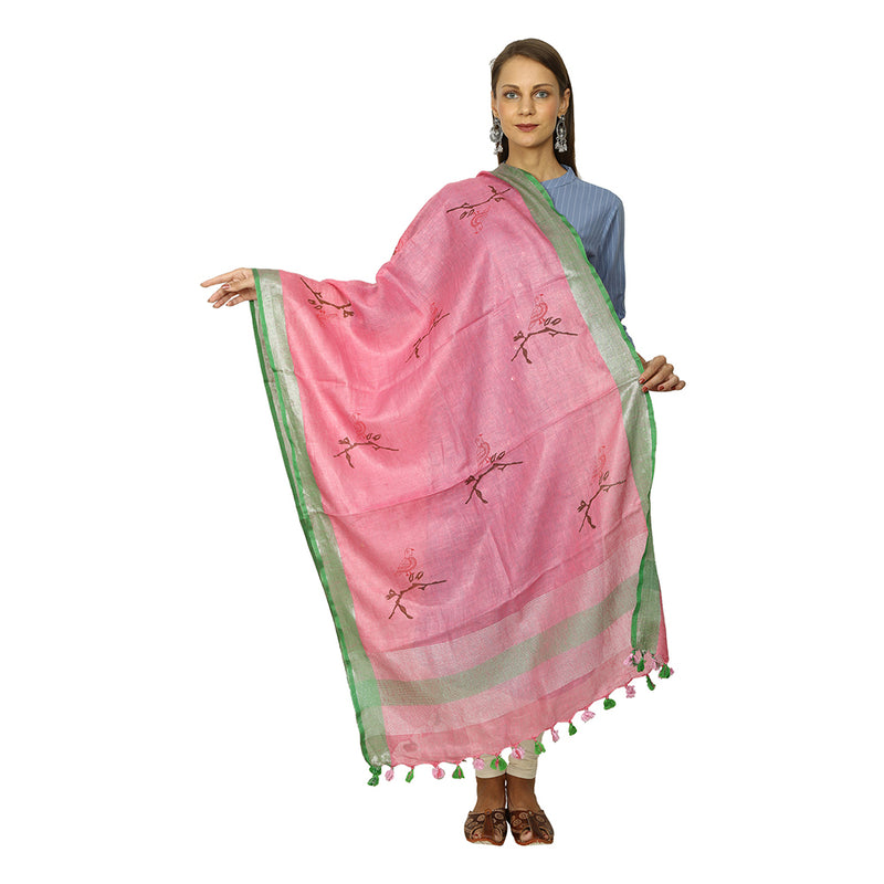 Pink Color Style Linnen Dupatta With Block Prints
