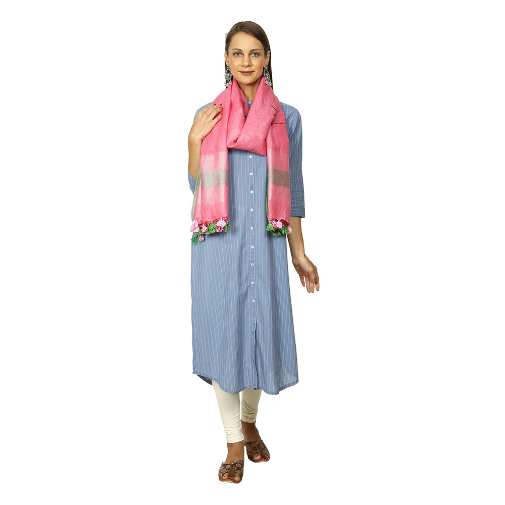 Pink Color Style Linnen Dupatta With Block Prints