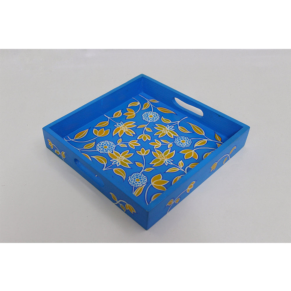 Blue Petals And Whirls Pattachitra Tray