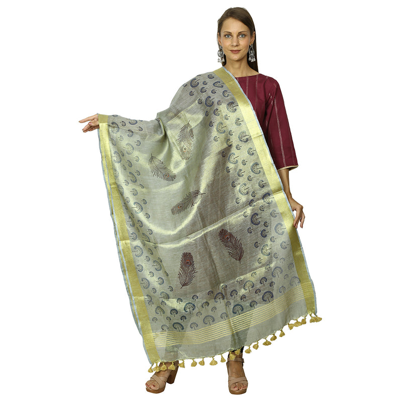 Peacock Feather Light Green Color Tussar Linnen Beautiful Dupatta With Block Painting