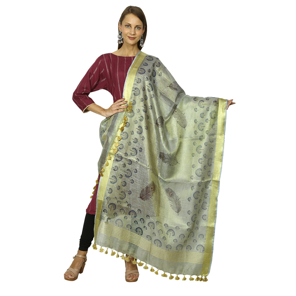 Peacock Feather Light Green Color Tussar Linnen Beautiful Dupatta With Block Painting