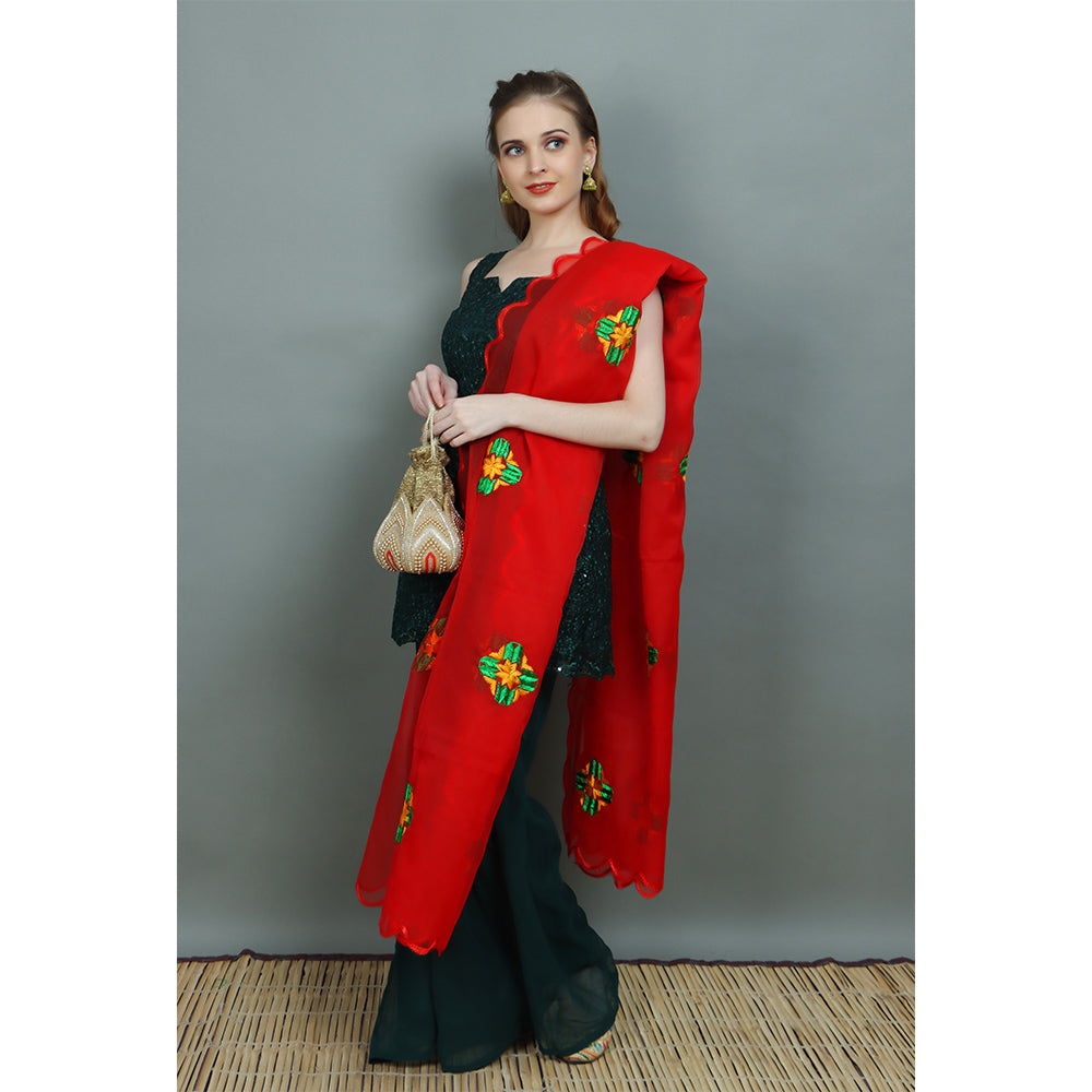 (Red and Gold) Lotus Embroidered Faux Silk Potli Gold
