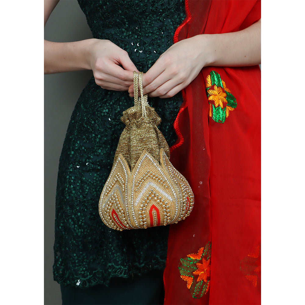 (Red and Gold) Lotus Embroidered Faux Silk Potli Gold