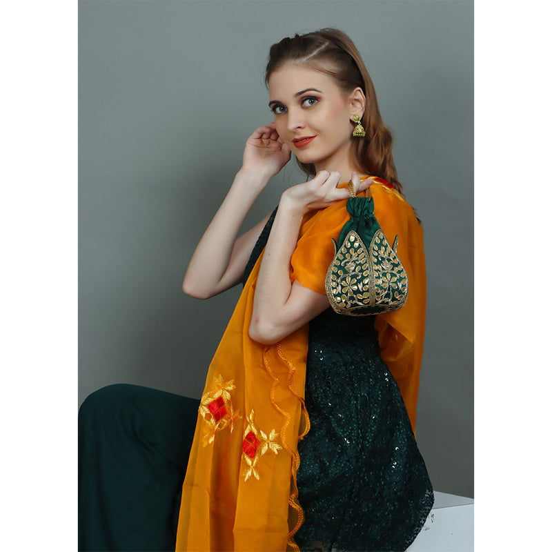 (Green and Gold)Lotus Embroidered Faux Silk Potli Gold