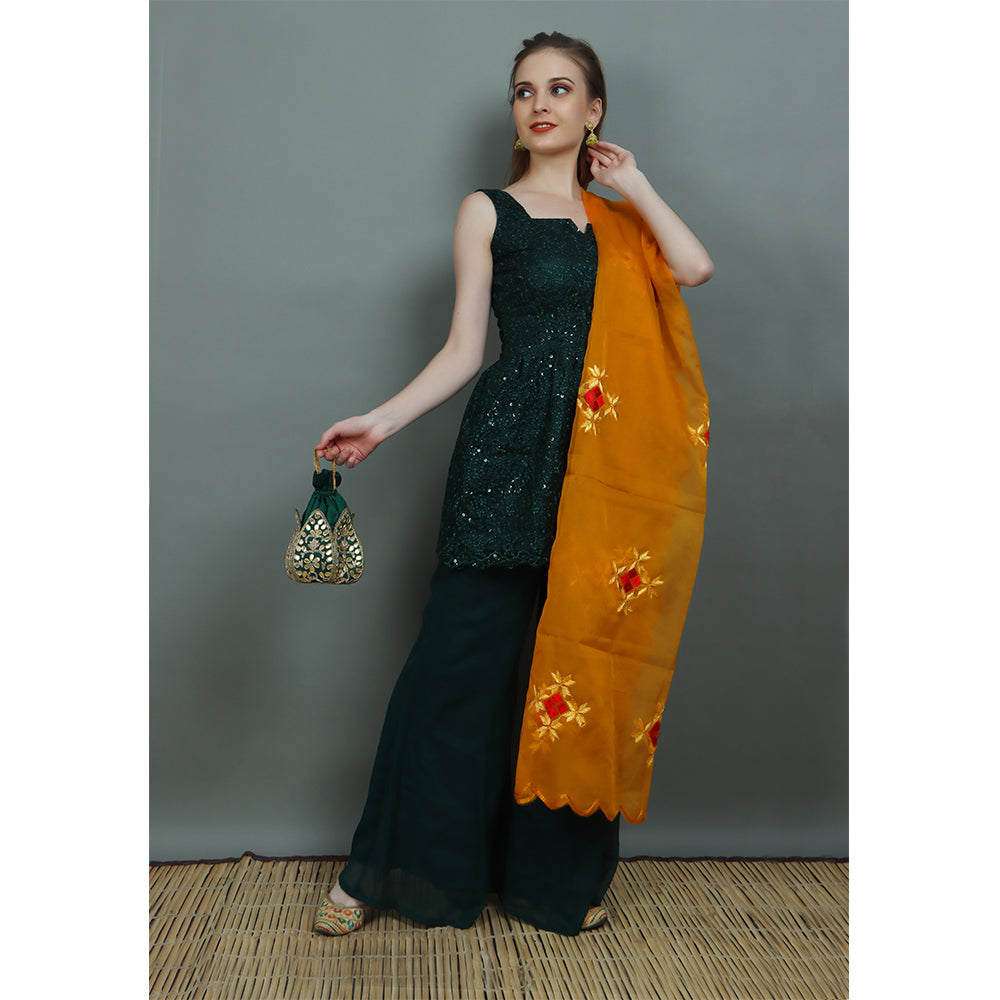 (Green and Gold)Lotus Embroidered Faux Silk Potli Gold