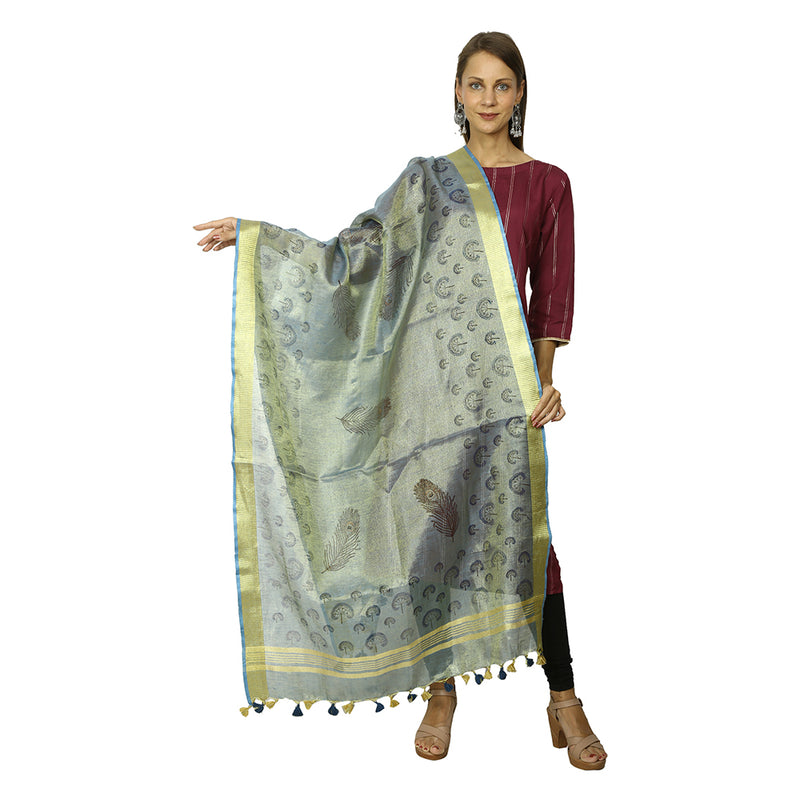 Peacock Feather Style Tussar Linnen Beautiful Dupatta With Block Painting