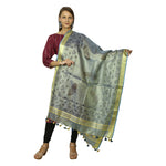Peacock Feather Style Tussar Linnen Beautiful Dupatta With Block Painting