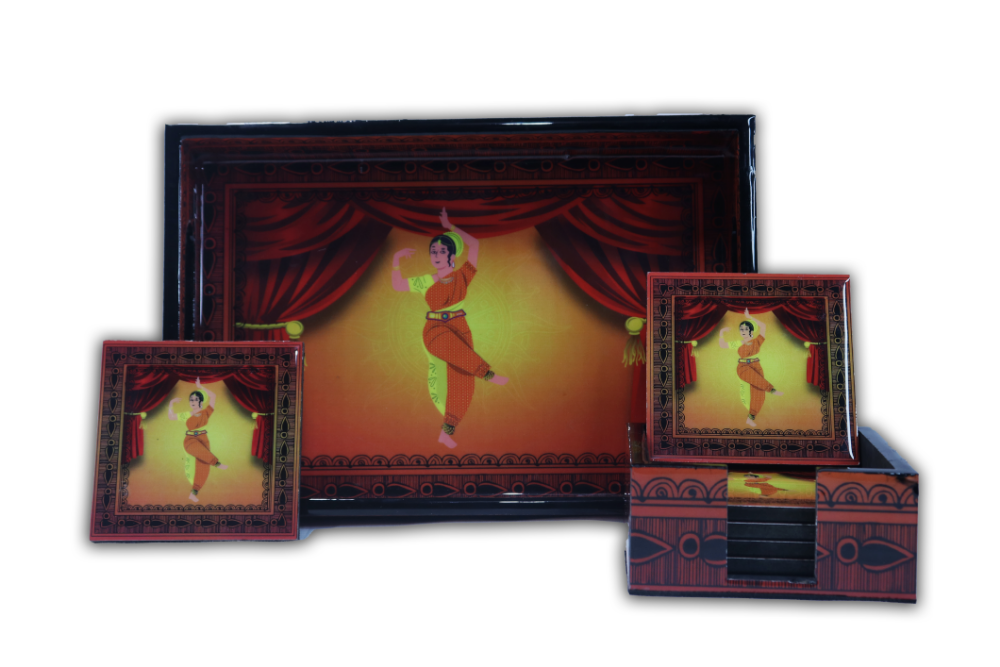 Annuttama Combo Dancing Lady Printed Madhubani Tray and Coaster Set (12x8 inch)