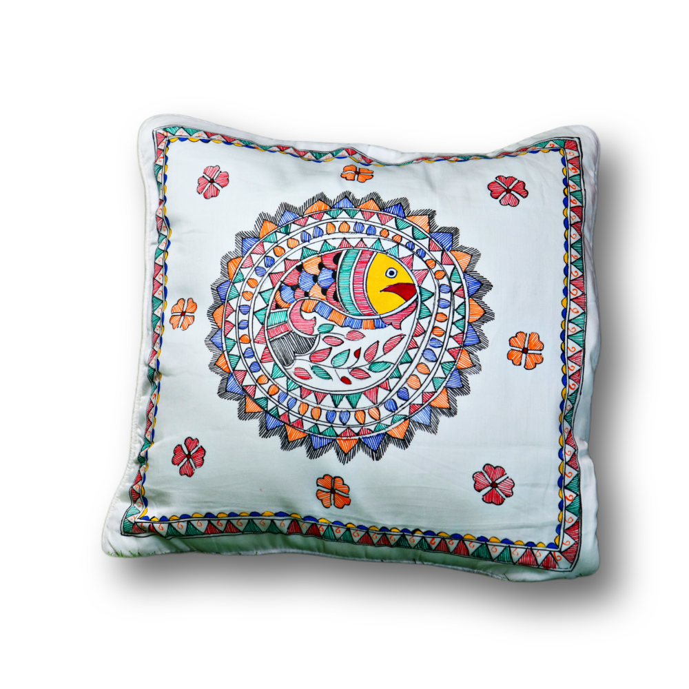 Annuttama Circular Rangoli Fishery Motifs Madhubani Cotton Cushion Cover (16 x 16 inch) Set of 2