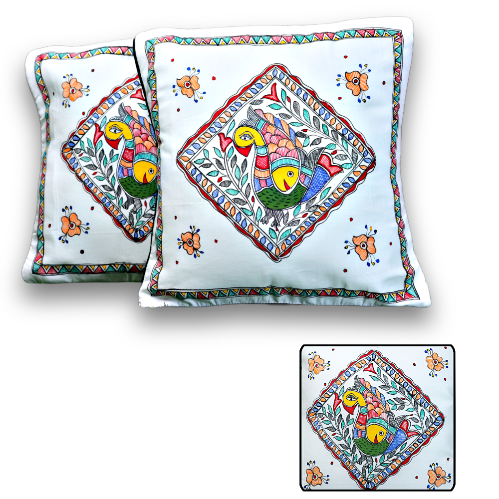 Annuttama Awesome Peacock & Fish Motifs Madhubani Cotton Cushion Cover (16 x 16 inch) Set of 2