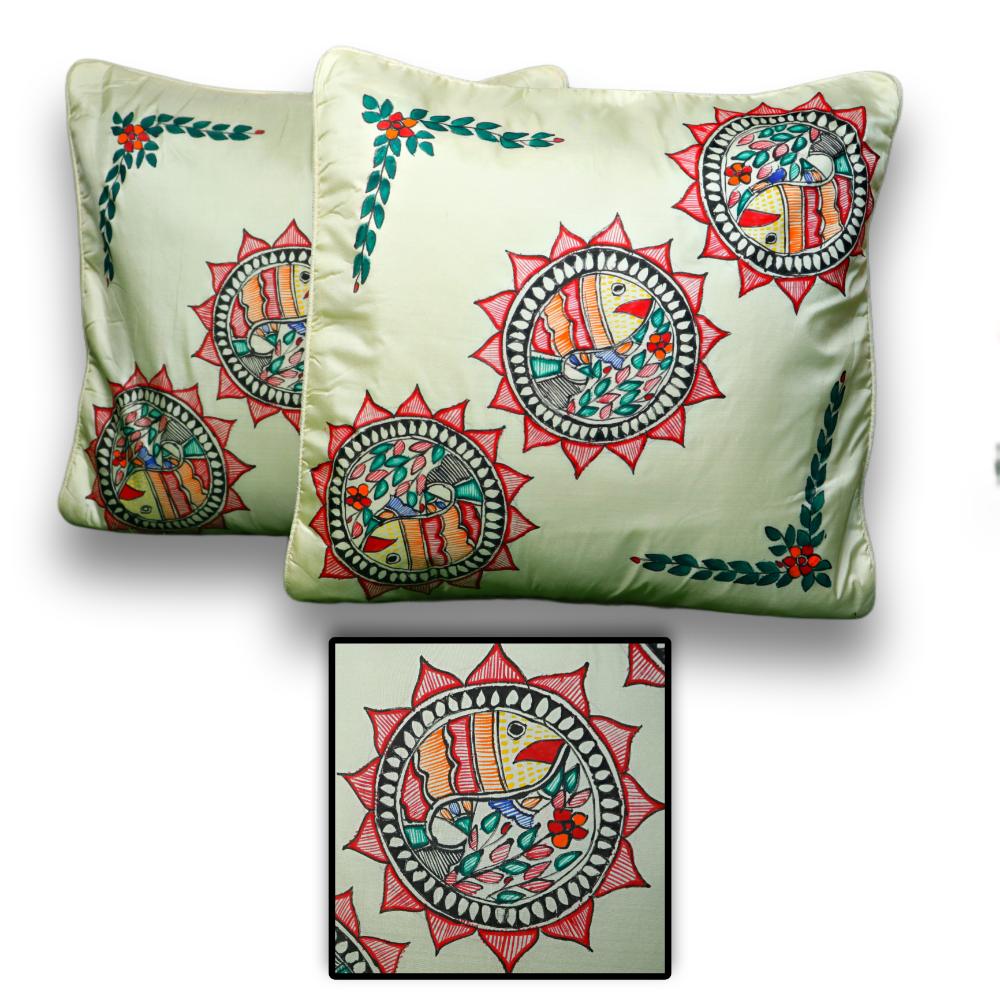 Annuttama Rising Sun and Fish Flowery Motifs Madhubani Tusser Silk Cushion Cover (16 x 16 inch) - Set of 2