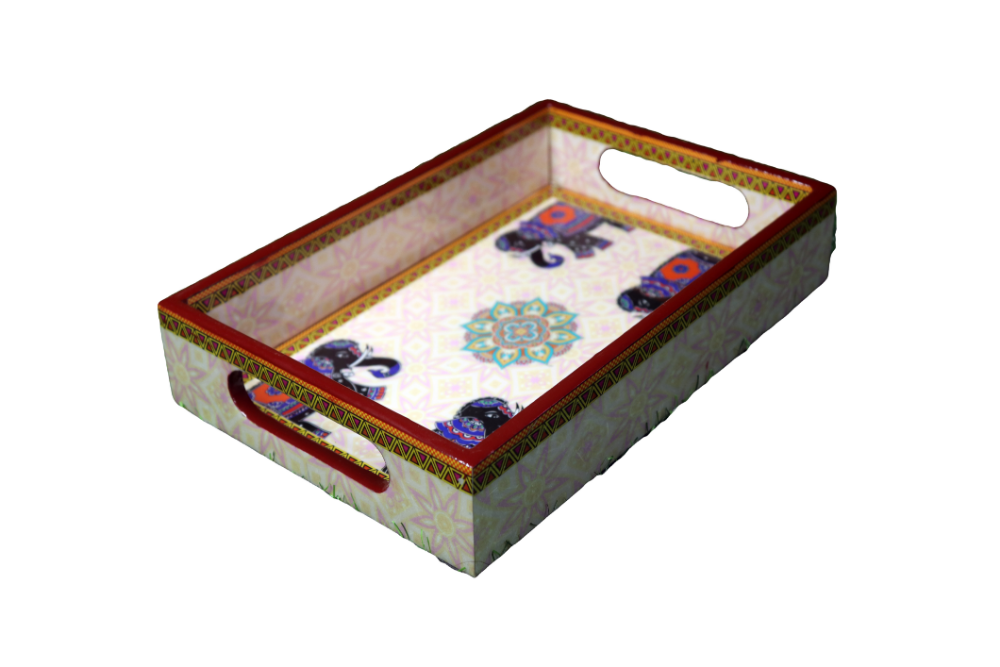 Annuttama Combo Set of Elephant Rangoli Printed Pine Wood Tray and Coaster