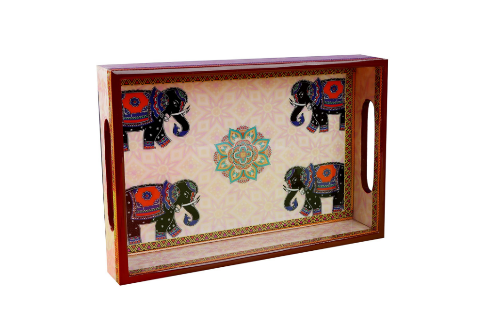 Annuttama Combo Set of Elephant Rangoli Printed Pine Wood Tray and Coaster