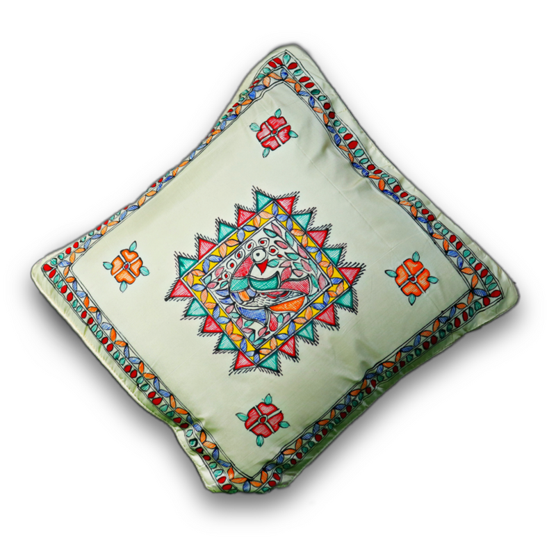 Lively Flower and Peacock Motifs Madhubani Tusser Silk Cushion Cover (16 x 16 inch) - Set of 1