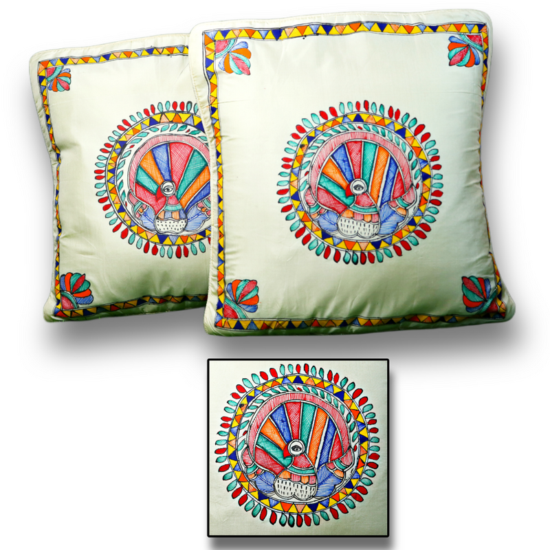 Annuttama Colourful Peacock and Lotus Madhubani Tusser Silk Cushion Cover (16 x 16 inch) - Set of 2