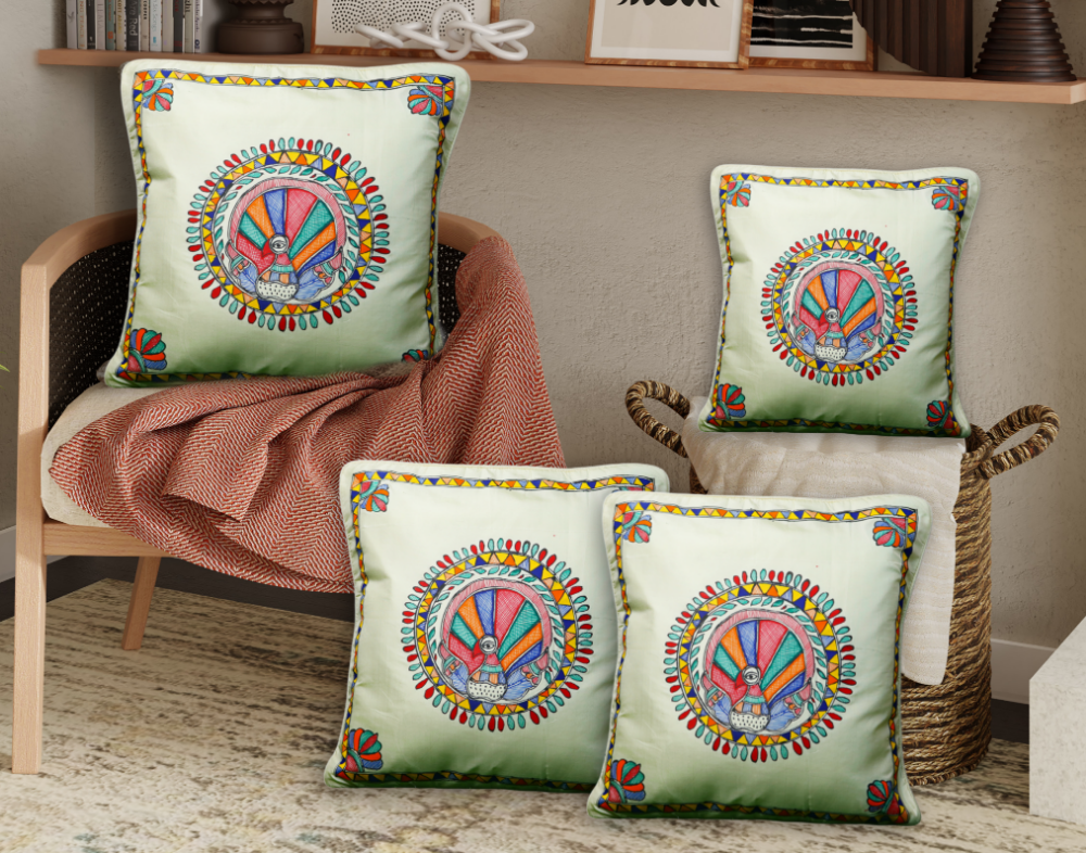 Annuttama Colourful Peacock and Lotus Madhubani Tusser Silk Cushion Cover (16 x 16 inch) - Set of 2