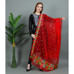 RED ORGANZA PHULKARI EMBROIDERED DUPATTA