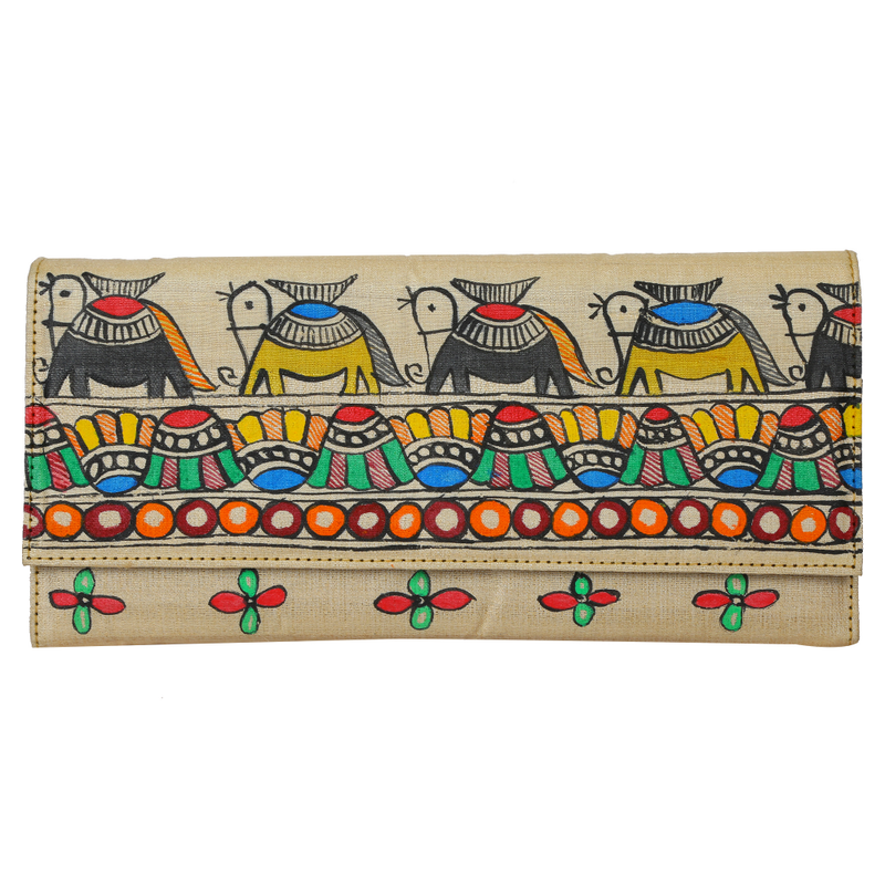 Annuttama Walking Elephant Colorful Madhubani Tusser Silk Clutches