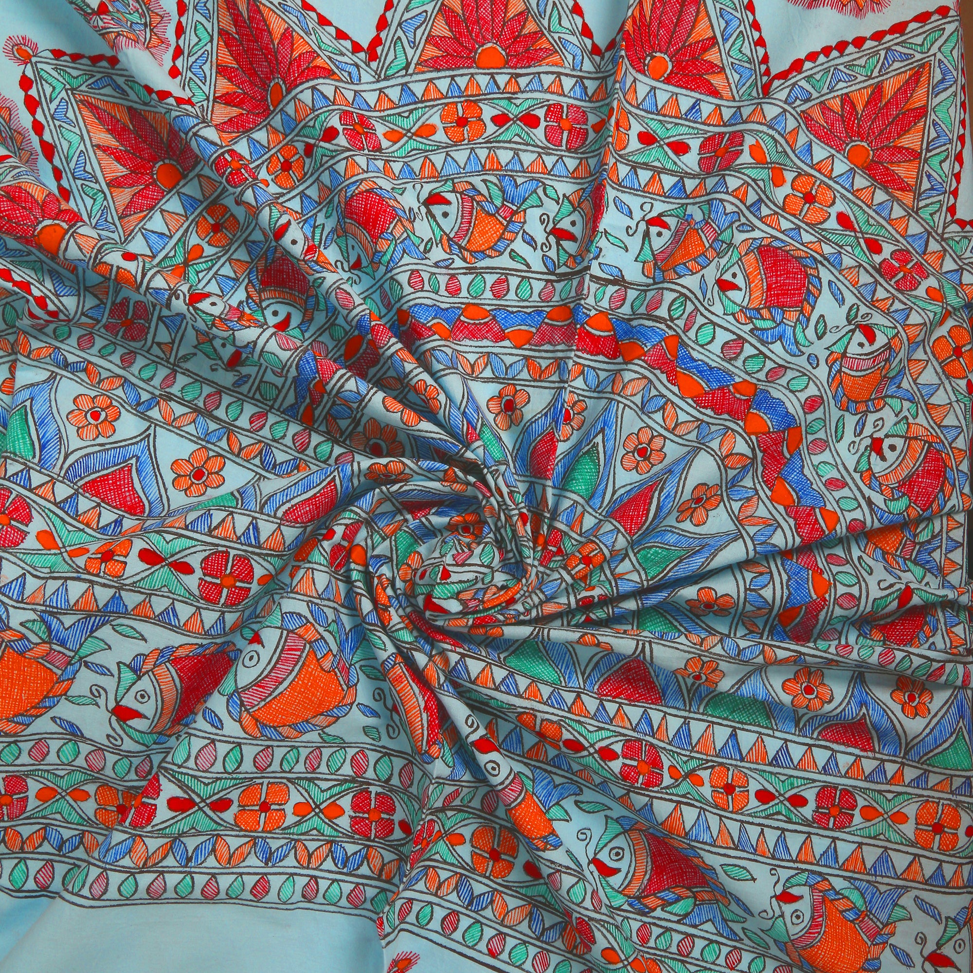 Pisces And Postures Madhubani Queen Size Bedsheet
